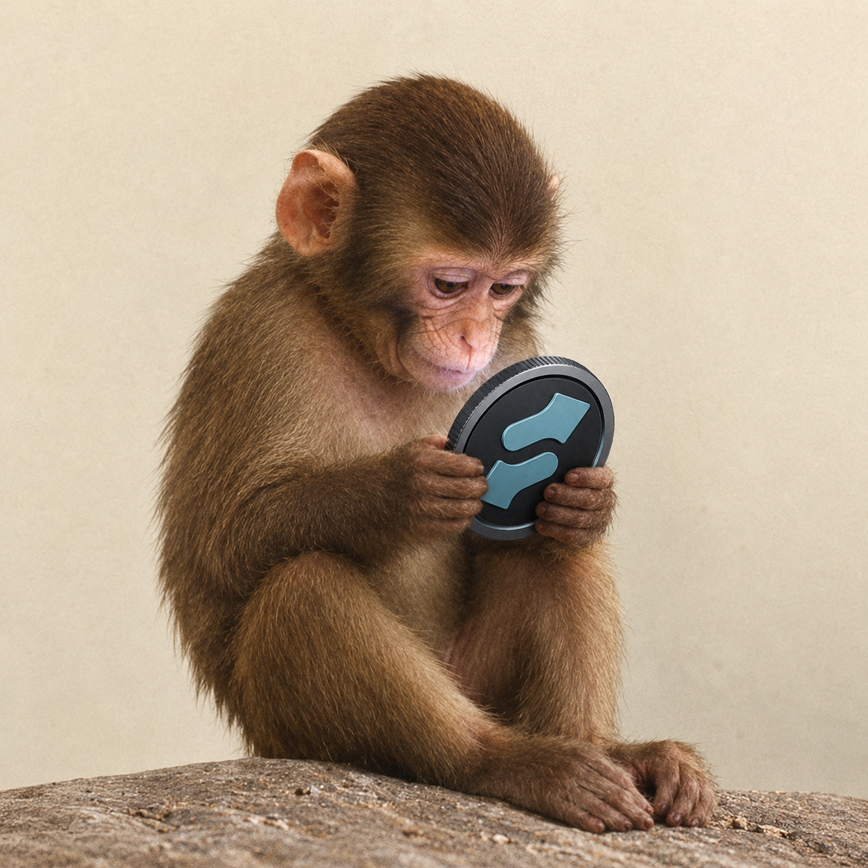Ape on rock holding the Stonk coin